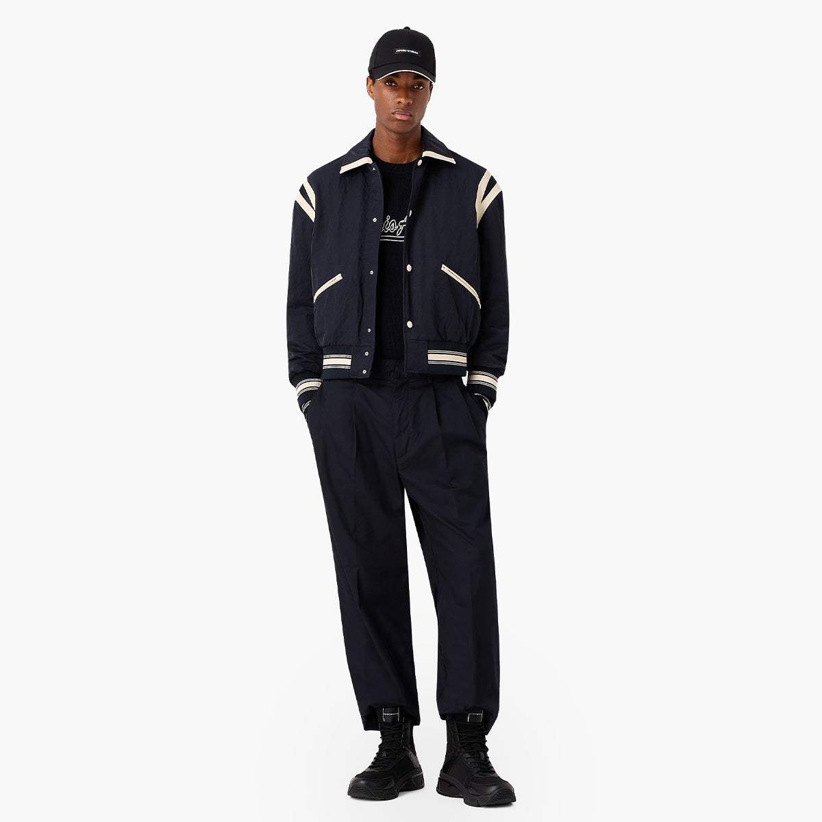 Wool Blend Varsity Style Crew Neck Pullover