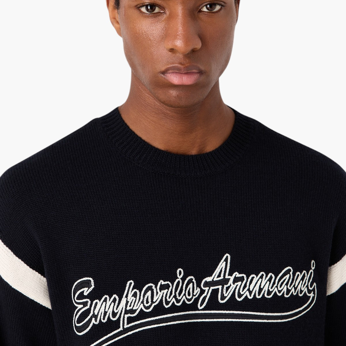 Wool Blend Varsity Style Crew Neck Pullover