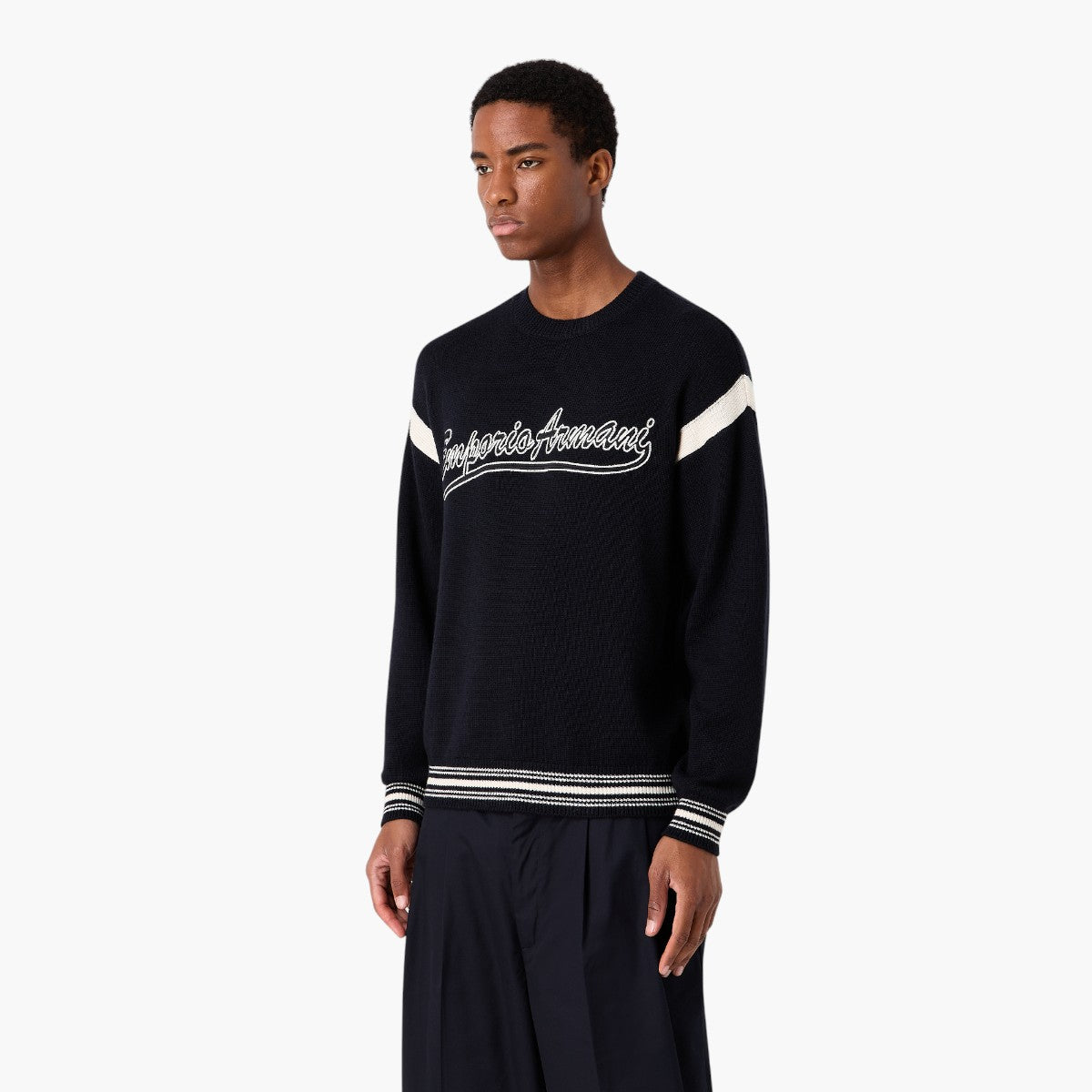 Wool Blend Varsity Style Crew Neck Pullover