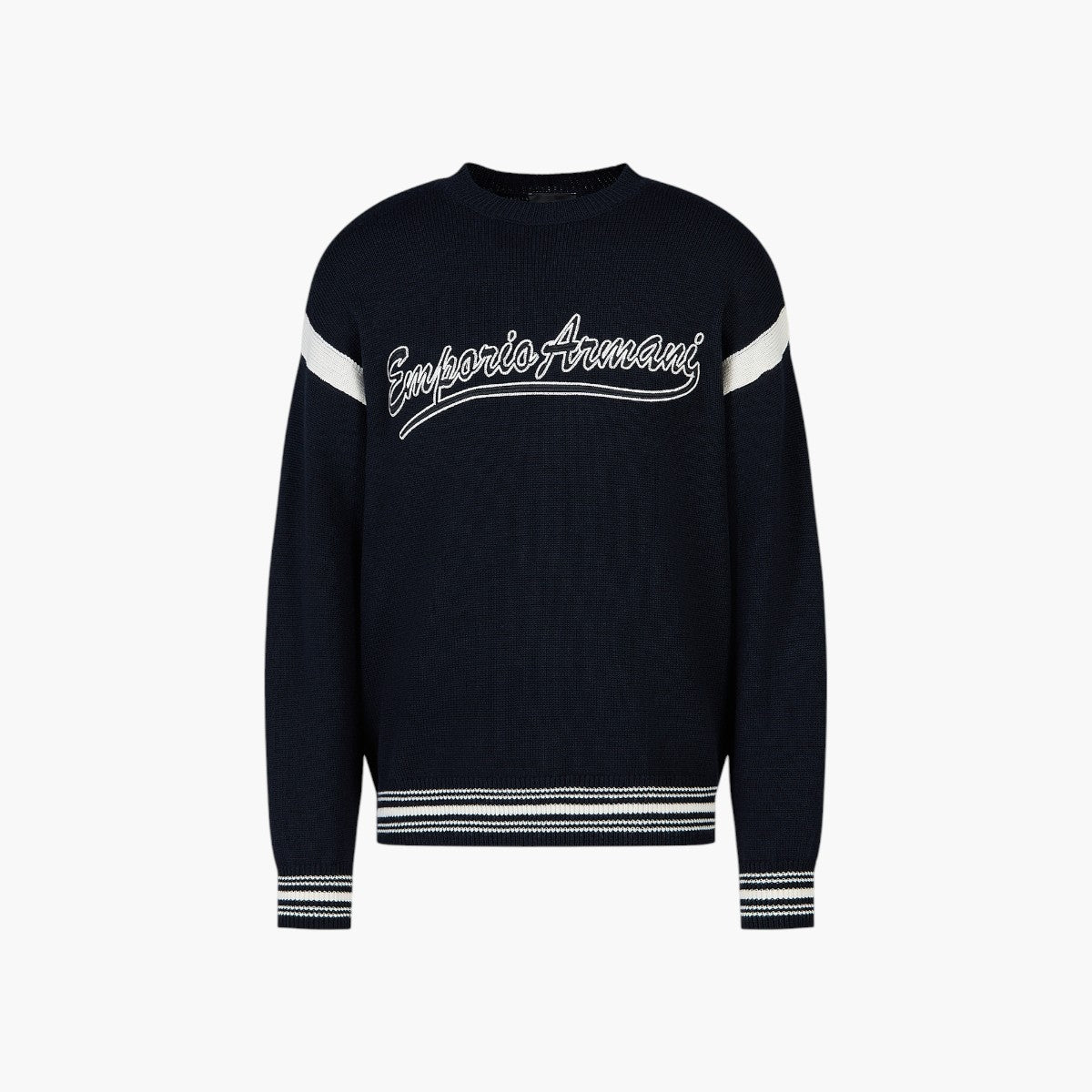 Wool Blend Varsity Style Crew Neck Pullover