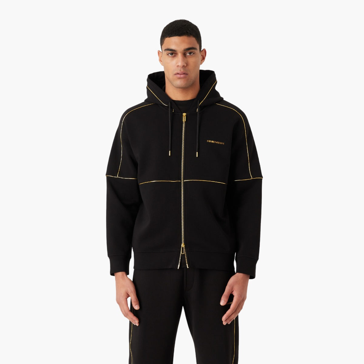 Double-Jersey Hooded Zip-Up Sweatshirt With Gold Details And Logo