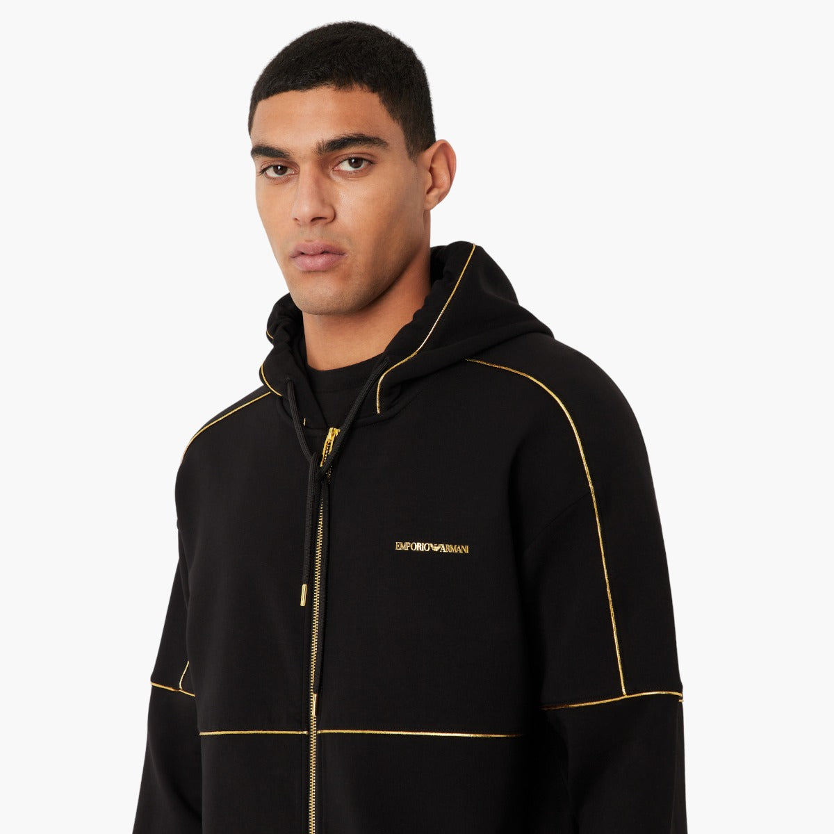 Double-Jersey Hooded Zip-Up Sweatshirt With Gold Details And Logo