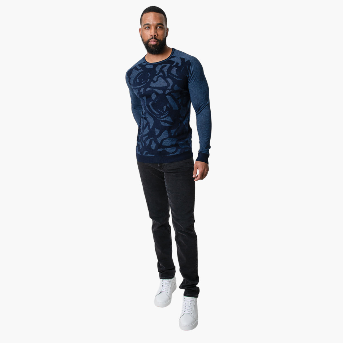 Sheer Indigo Crew Neck Knit Jersey