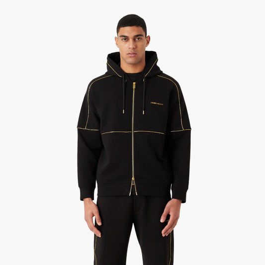 Double-Jersey Hooded Zip-Up Sweatshirt With Gold Details And Logo